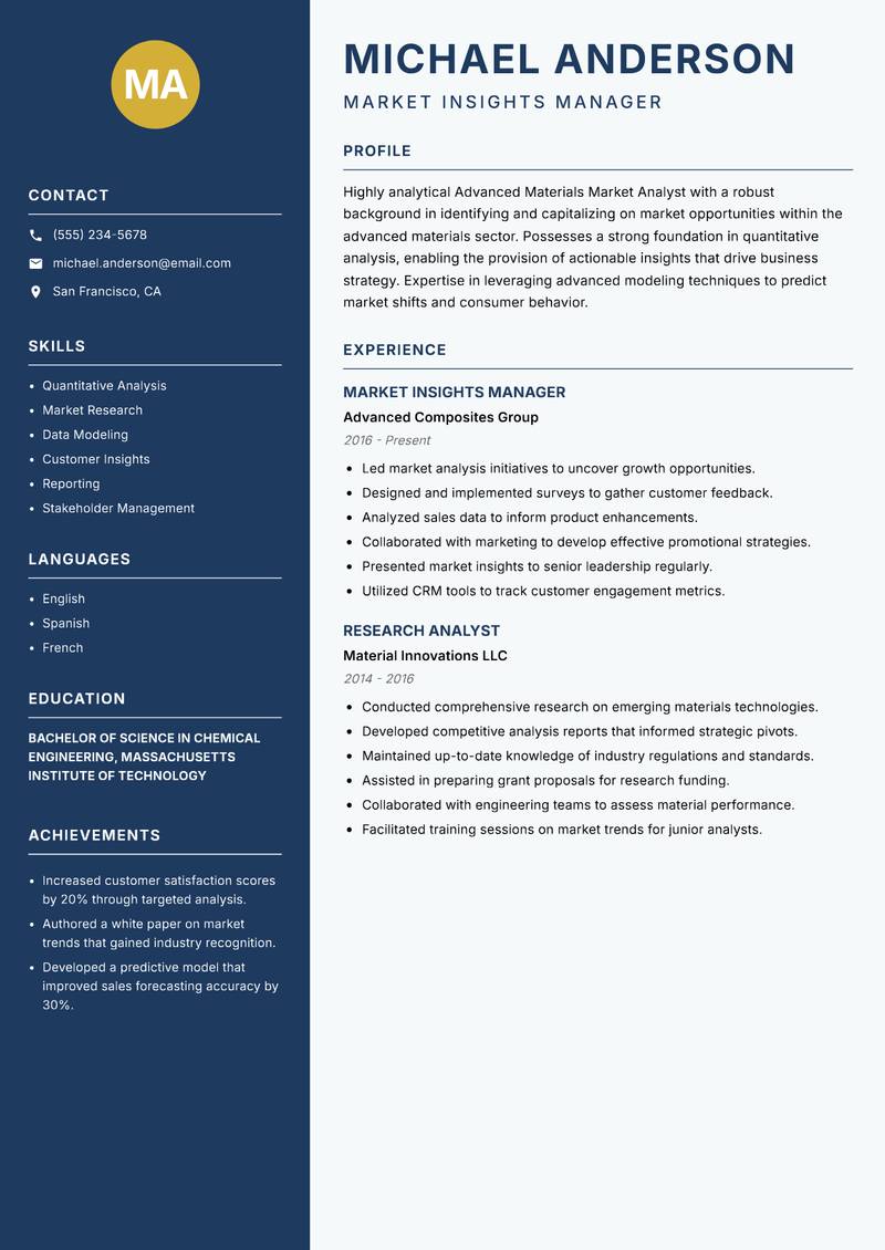 Advanced Materials Market Analyst resume sample — Market Insights Manager focus