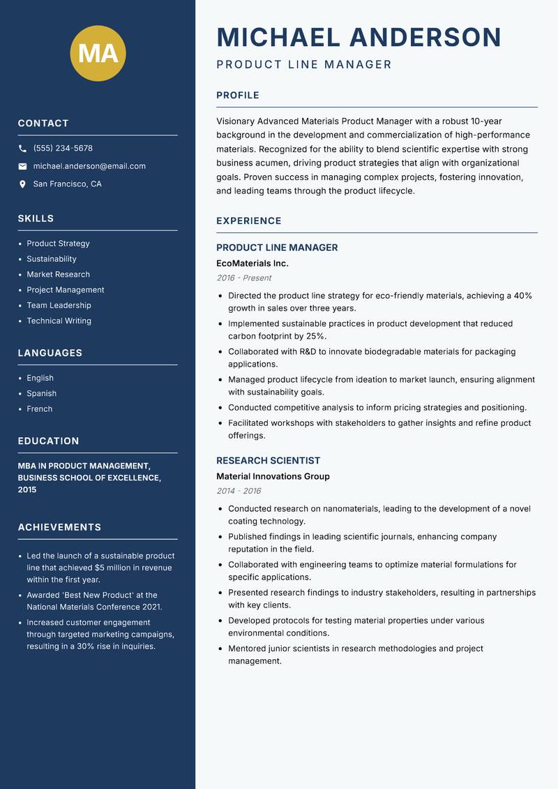 Advanced Materials Product Manager resume sample — Product Line Manager focus