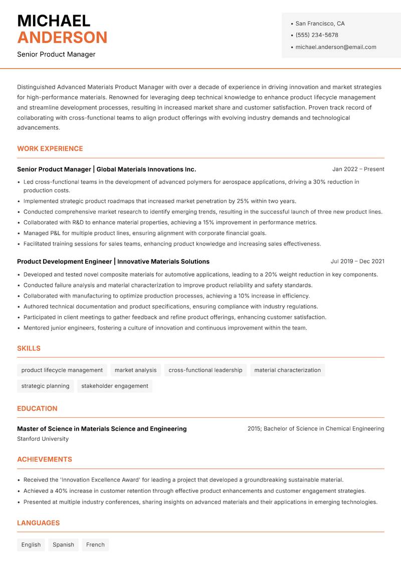 Advanced Materials Product Manager resume sample — Senior Product Manager focus