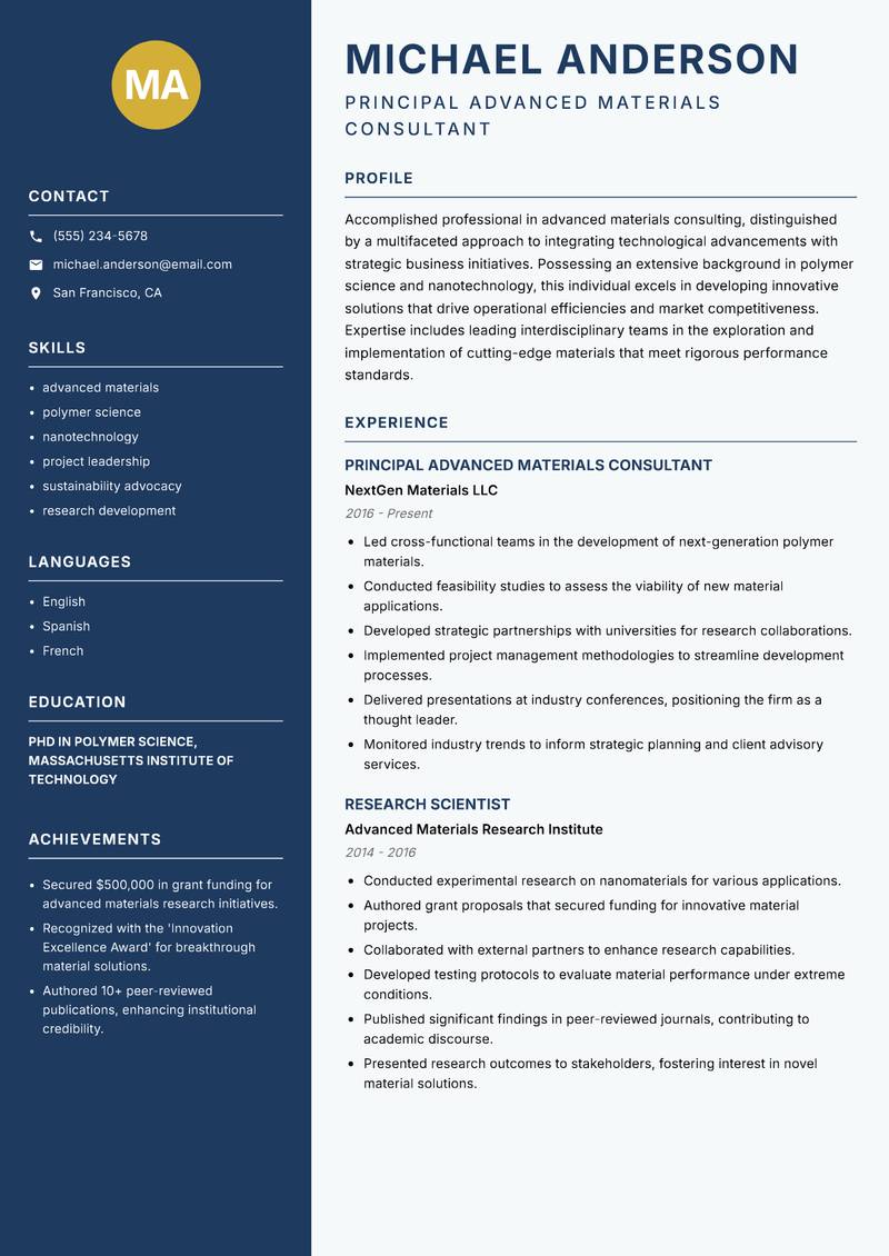 Advanced Materials Strategy Consultant resume sample — Principal Advanced Materials Consultant focus