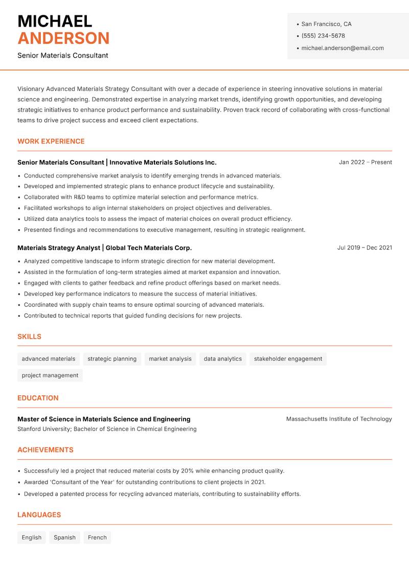 Advanced Materials Strategy Consultant resume sample — Senior Materials Consultant focus
