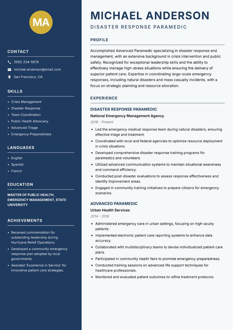 Advanced Paramedic resume sample — Disaster Response Paramedic focus
