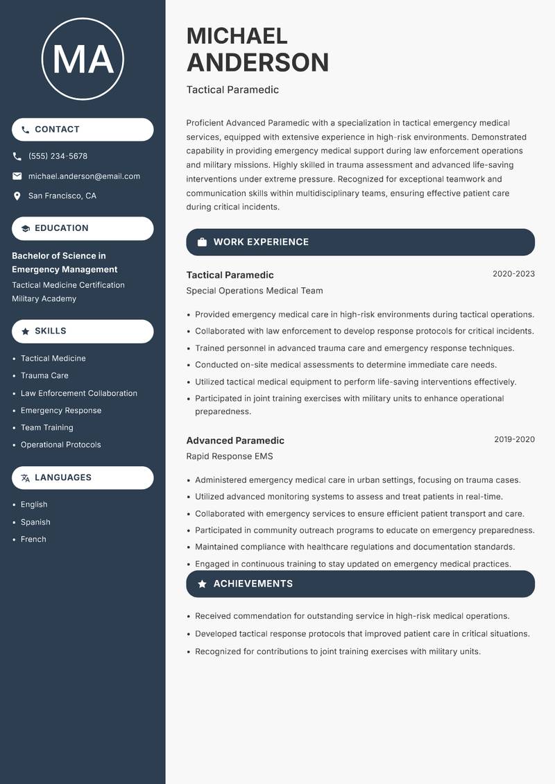 Advanced Paramedic resume sample — Tactical Paramedic focus