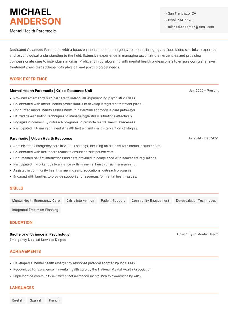 Advanced Paramedic resume sample — Mental Health Paramedic focus