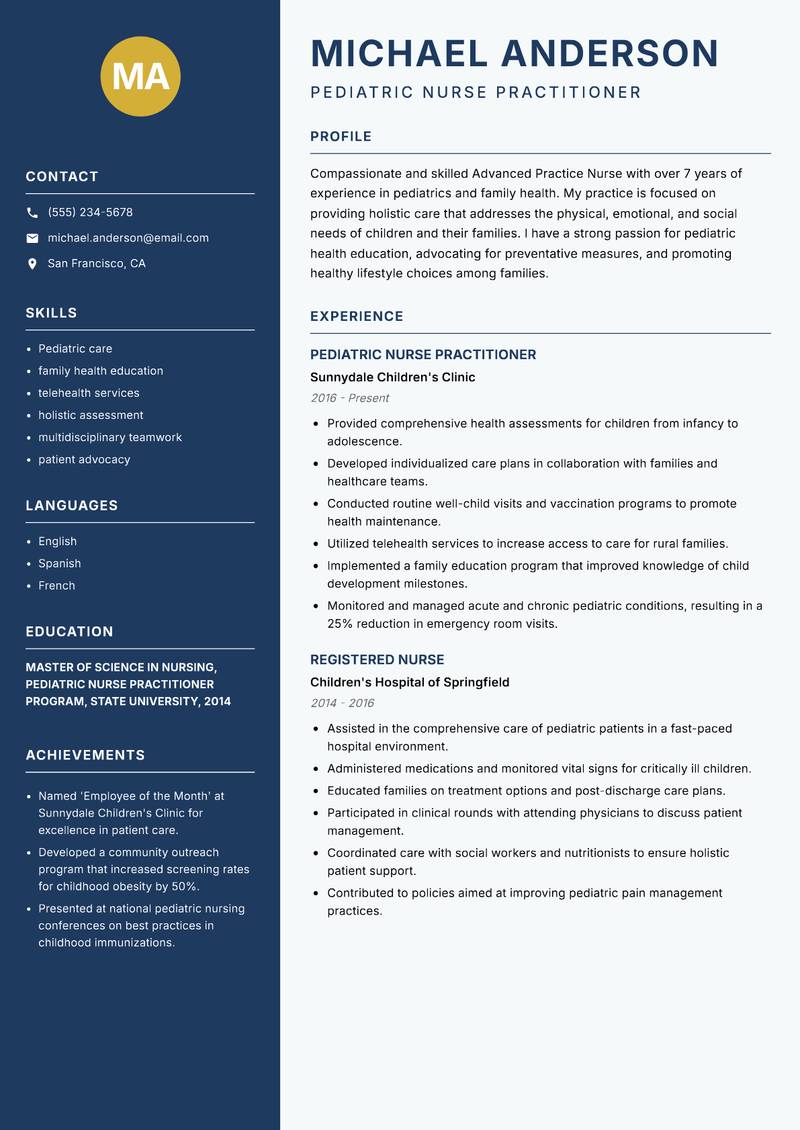 Advanced Practice Nurse resume sample — Pediatric Nurse Practitioner focus