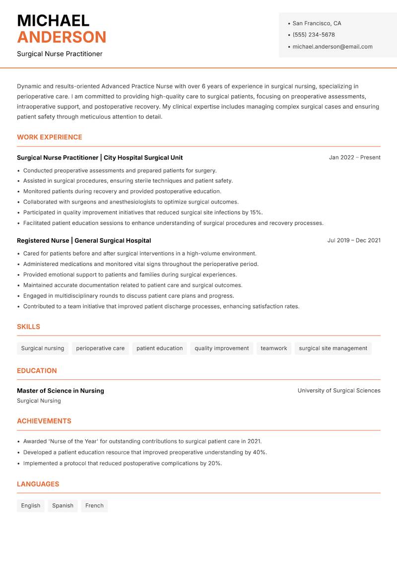 Advanced Practice Nurse resume sample — Surgical Nurse Practitioner focus