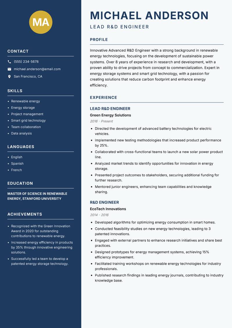 Advanced R&D Engineer resume sample — Lead R&D Engineer focus