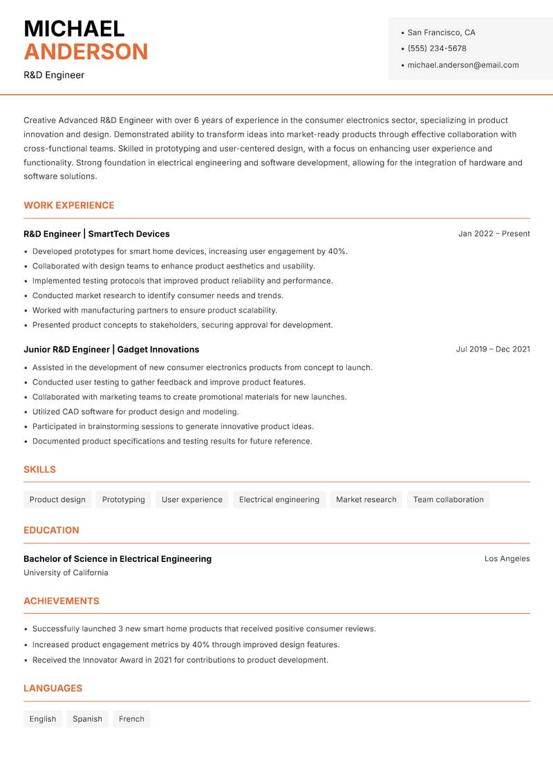 Advanced R&D Engineer resume sample — R&D Engineer focus