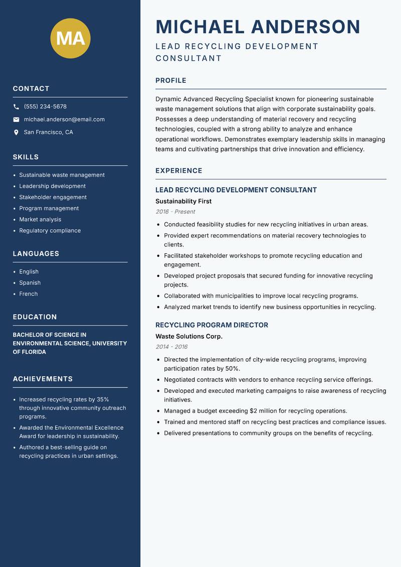 Advanced Recycling Specialist resume sample — Lead Recycling Development Consultant focus