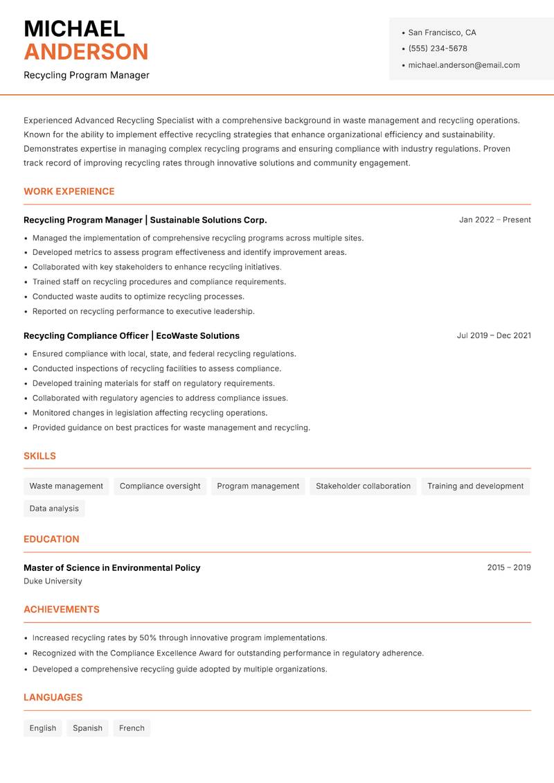 Advanced Recycling Specialist resume sample — Recycling Program Manager focus