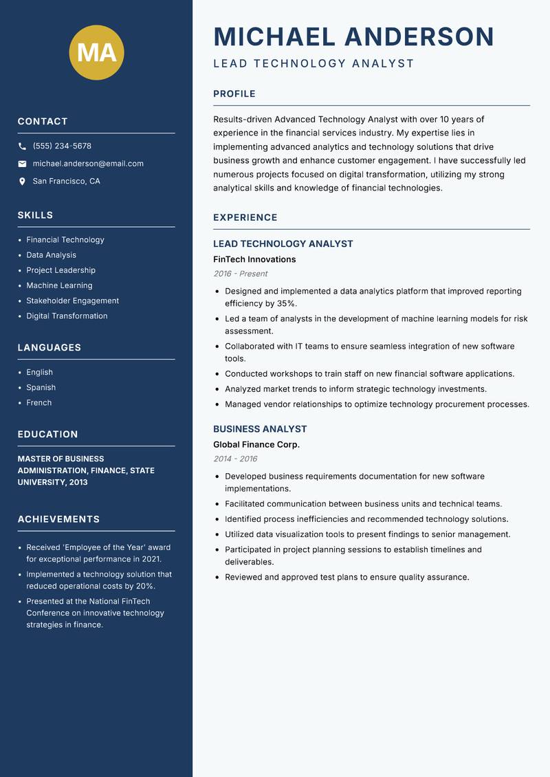Advanced Technology Analyst resume sample — Lead Technology Analyst focus