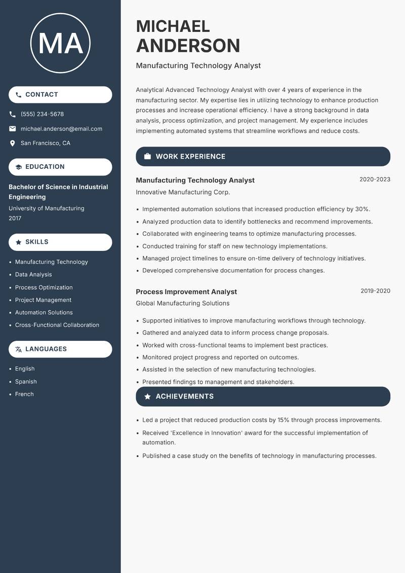 Advanced Technology Analyst resume sample — Manufacturing Technology Analyst focus