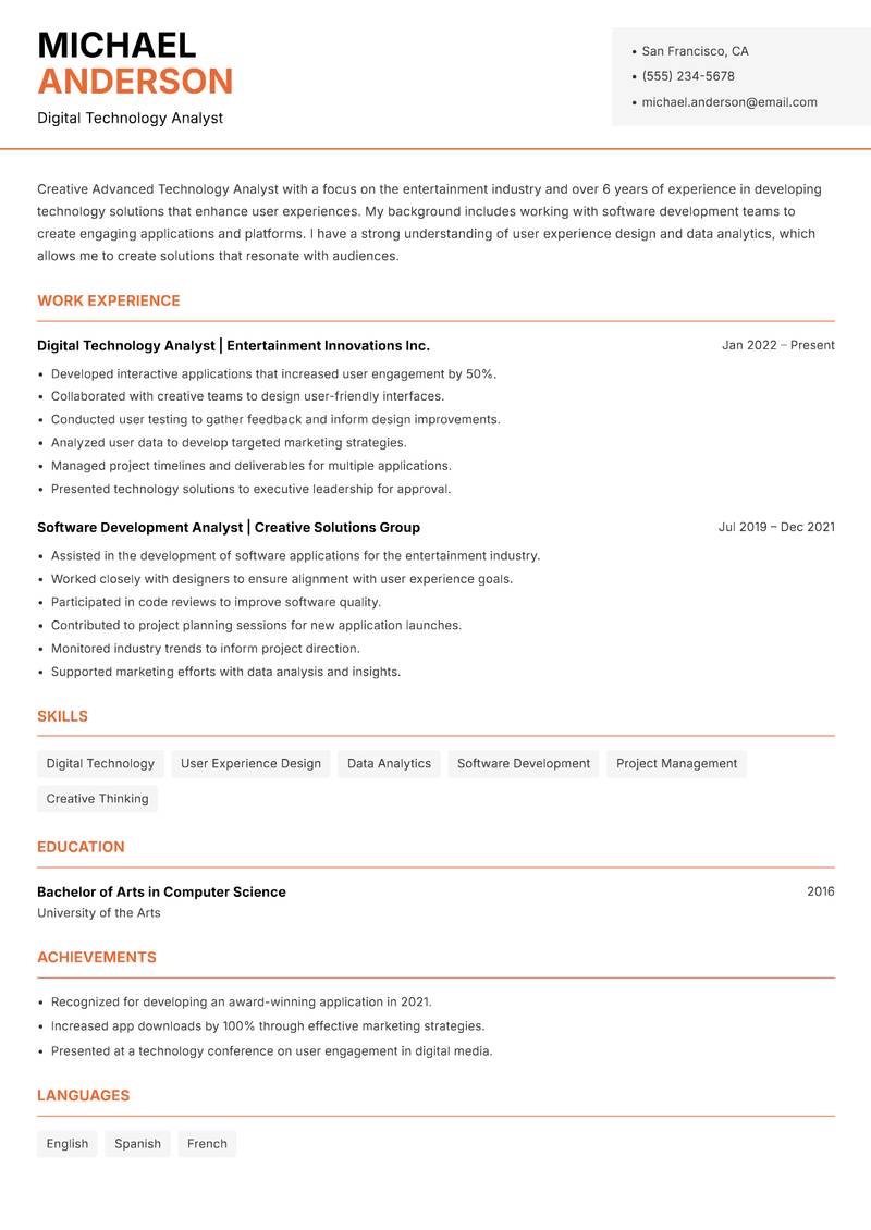 Advanced Technology Analyst resume sample — Digital Technology Analyst focus