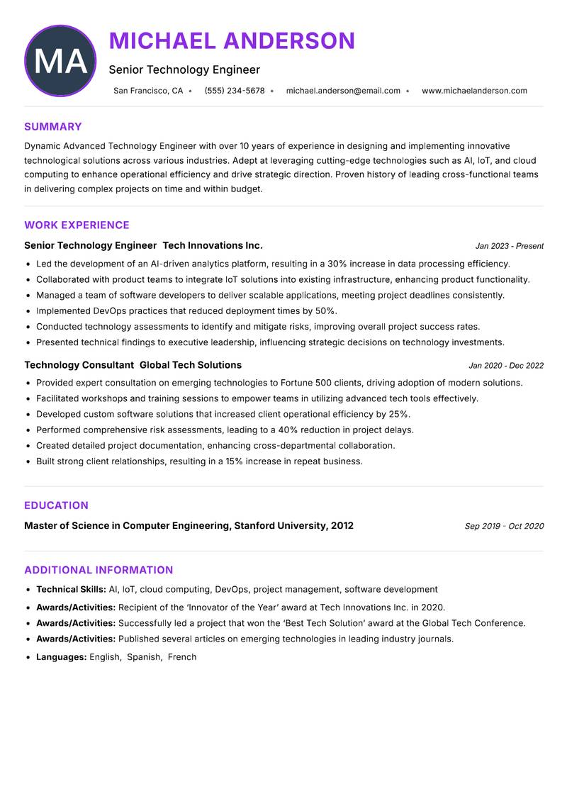 Advanced Technology Engineer resume example