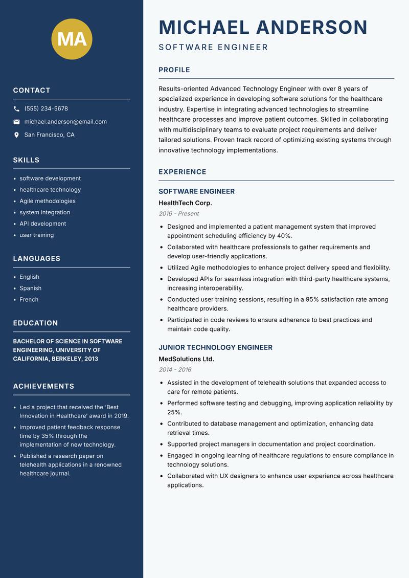 Advanced Technology Engineer resume sample — Software Engineer focus