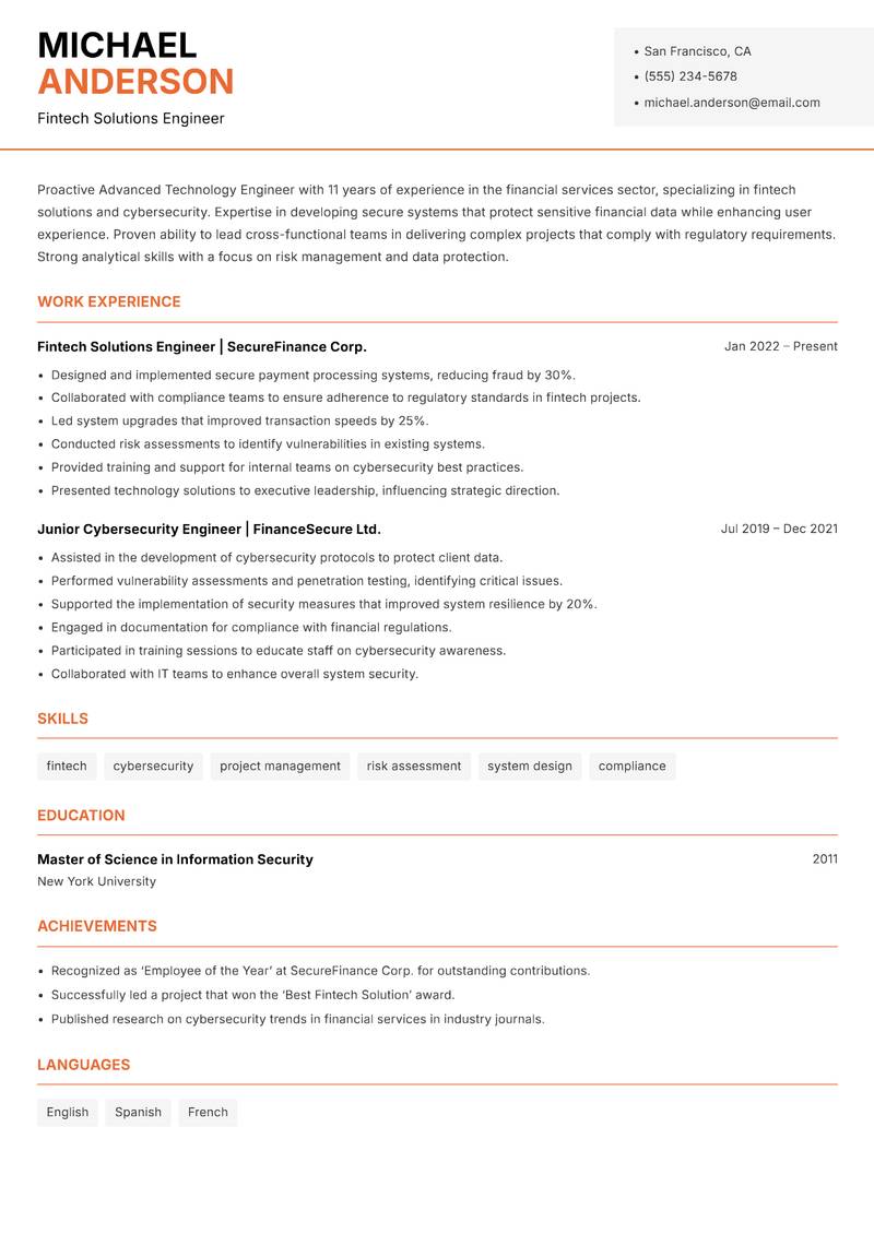 Advanced Technology Engineer resume sample — Fintech Solutions Engineer focus
