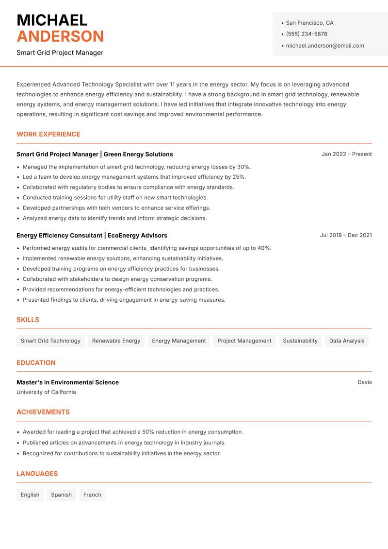 Advanced Technology Specialist resume sample — Smart Grid Project Manager focus