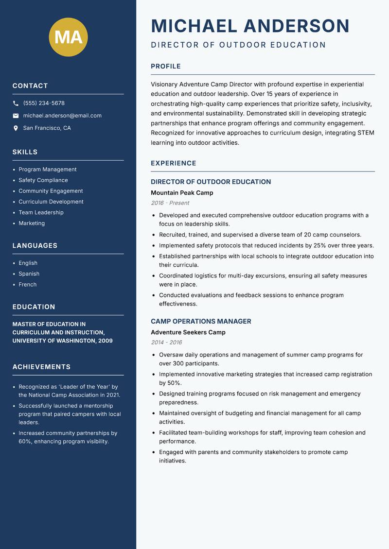 Adventure Camp Director resume sample — Director of Outdoor Education focus