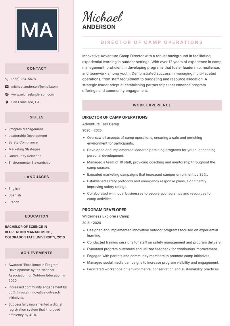 Adventure Camp Director resume sample — Director of Camp Operations focus