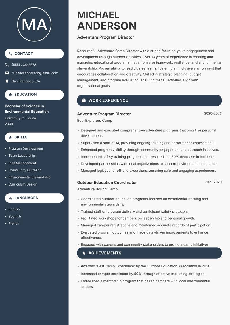 Adventure Camp Director resume sample — Adventure Program Director focus