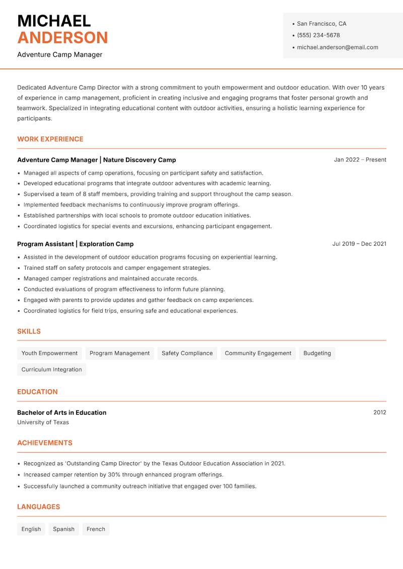 Adventure Camp Director resume sample — Adventure Camp Manager focus