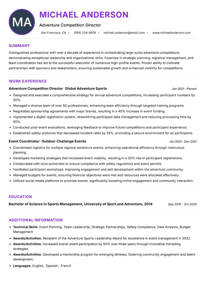 Adventure Competition Director resume example