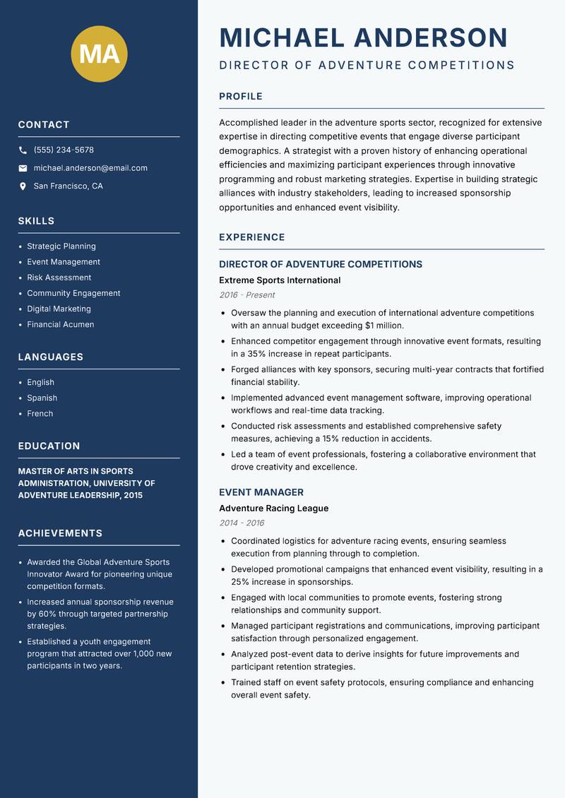Adventure Competition Director resume sample — Director of Adventure Competitions focus