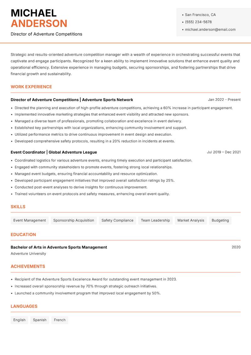 Adventure Competition Director resume sample — Director of Adventure Competitions focus