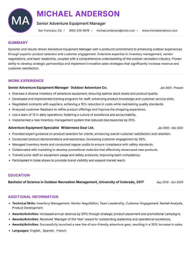 Adventure Equipment Manager resume example