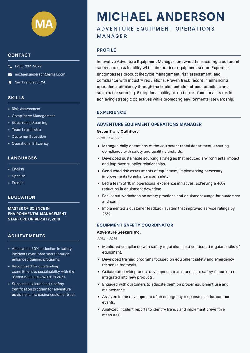 Adventure Equipment Manager resume sample — Adventure Equipment Operations Manager focus