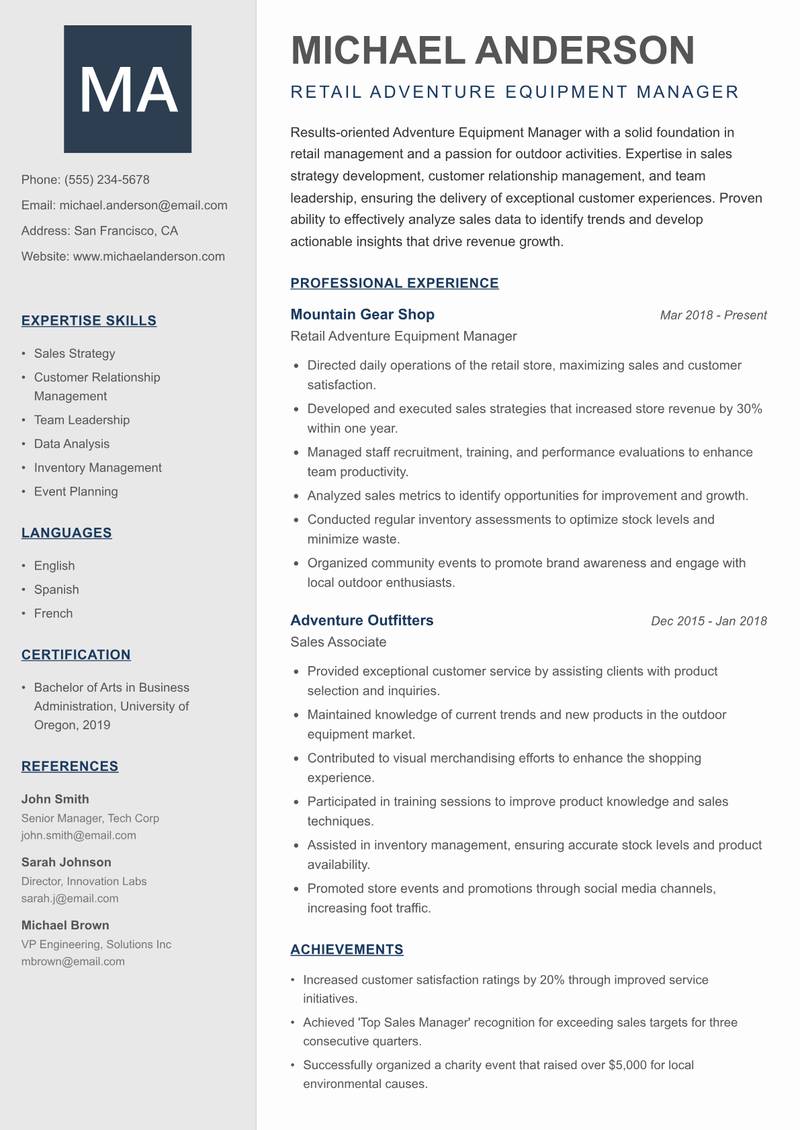 Adventure Equipment Manager resume sample — Retail Adventure Equipment Manager focus