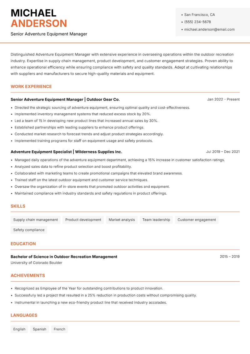 Adventure Equipment Manager resume sample — Senior Adventure Equipment Manager focus