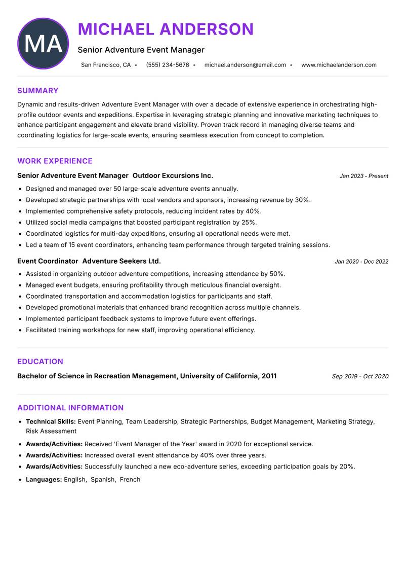 Adventure Event Manager resume example — Outdoor Recreation