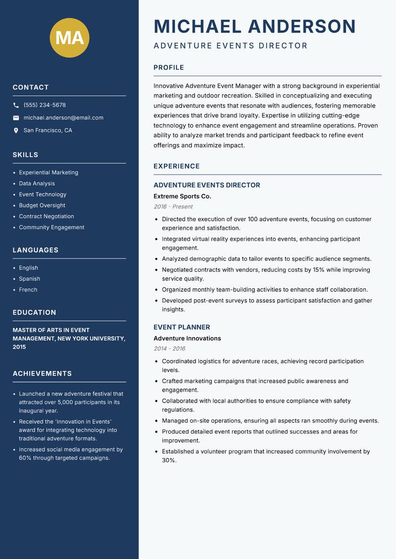Adventure Event Manager resume sample — Adventure Events Director focus