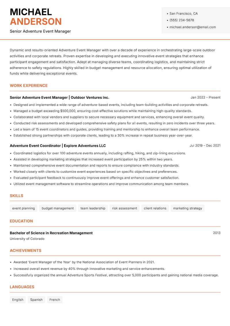 Adventure Event Manager resume sample — Senior Adventure Event Manager focus