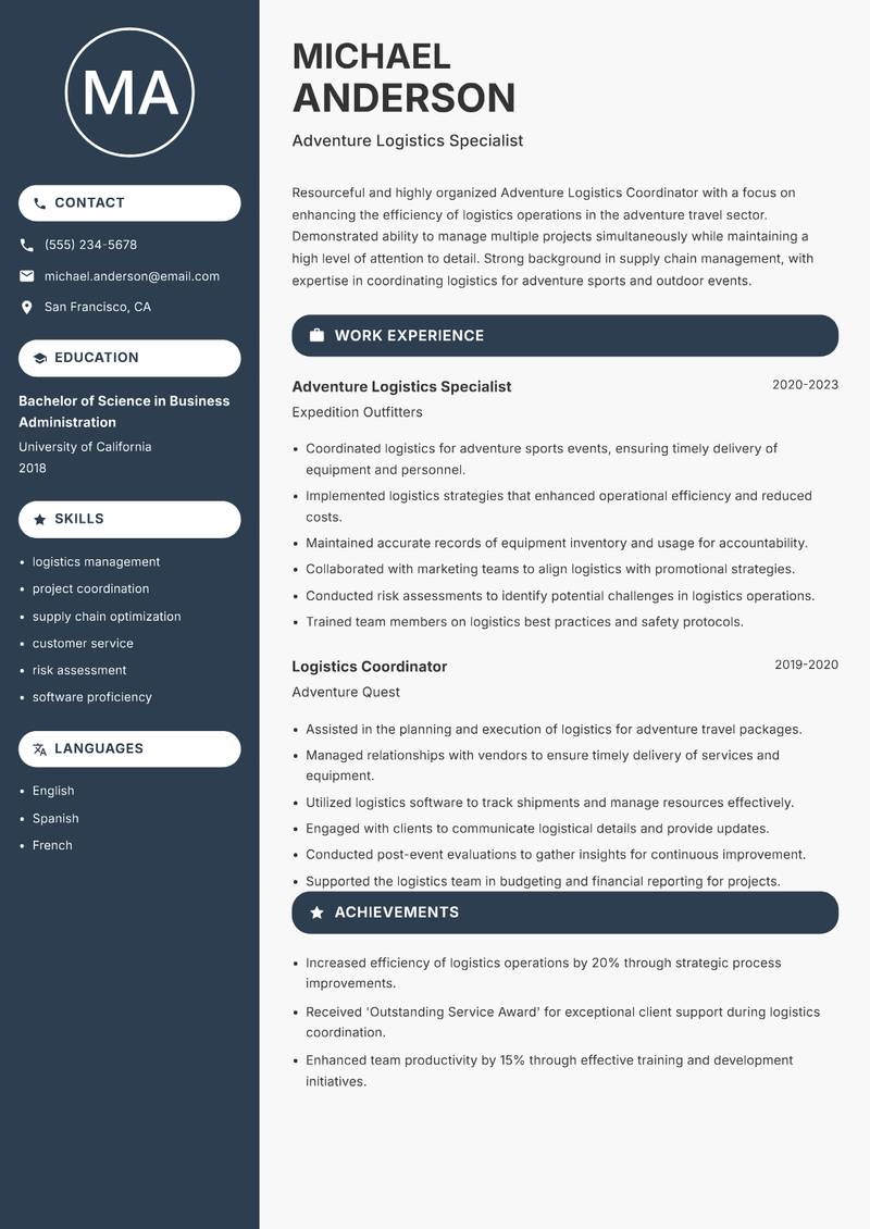 Adventure Logistics Coordinator resume sample — Adventure Logistics Specialist focus