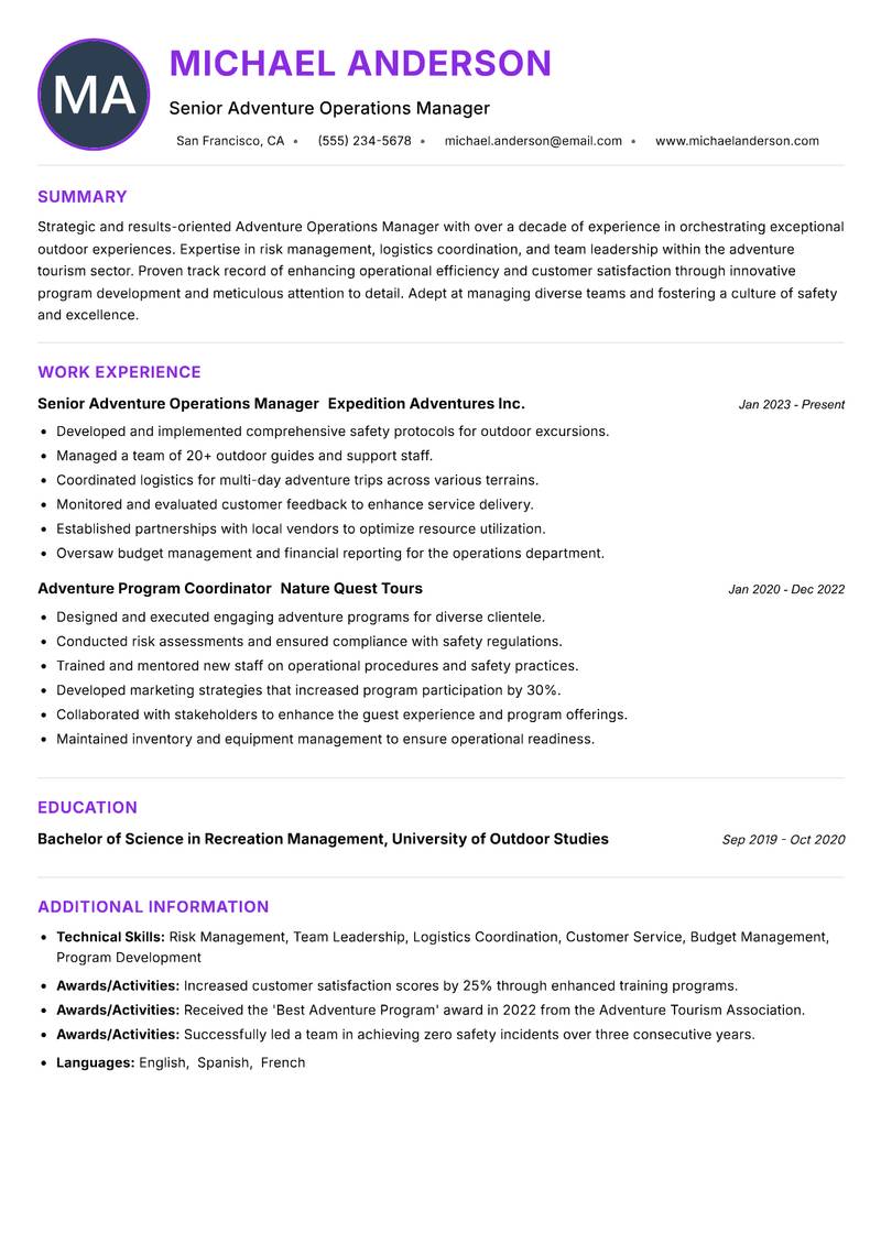 Adventure Operations Manager resume example