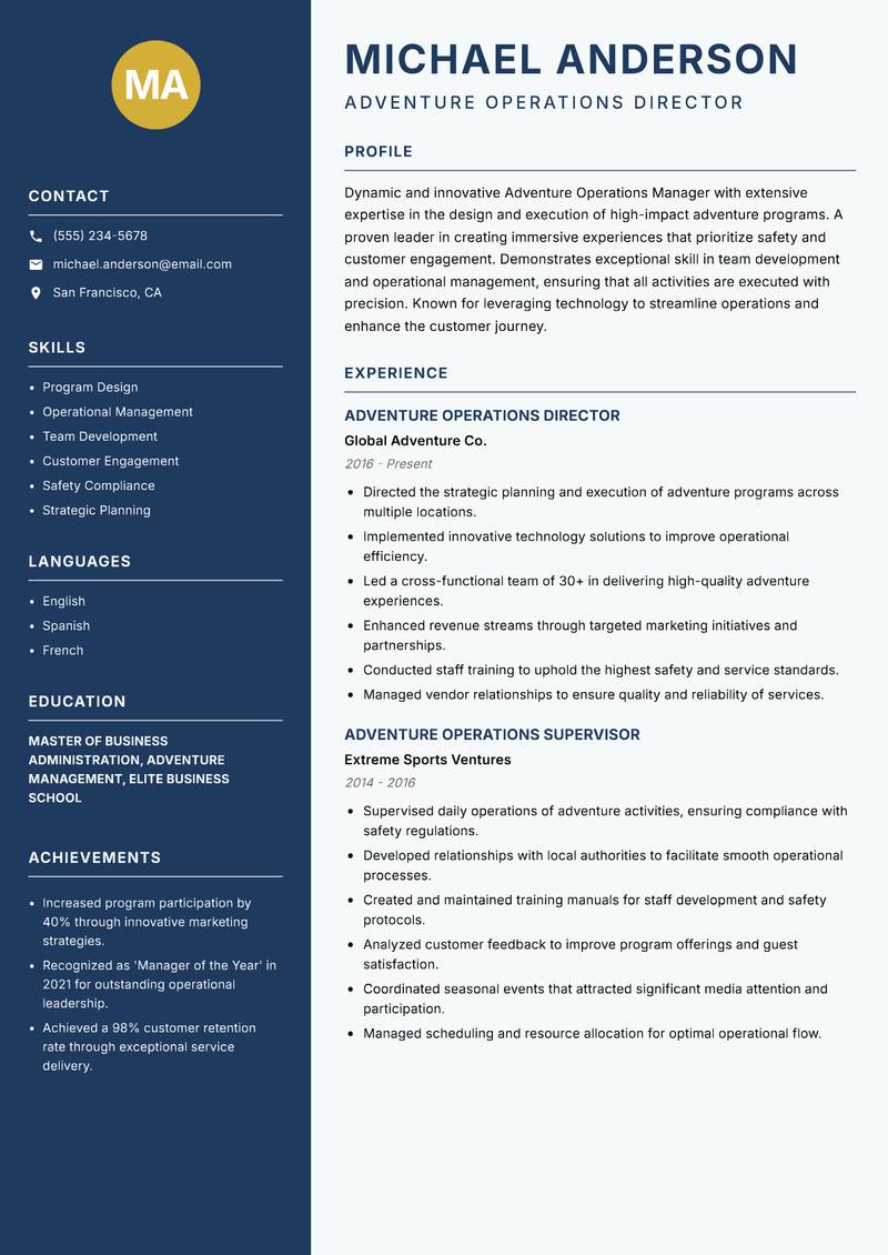 Adventure Operations Manager resume sample — Adventure Operations Director focus