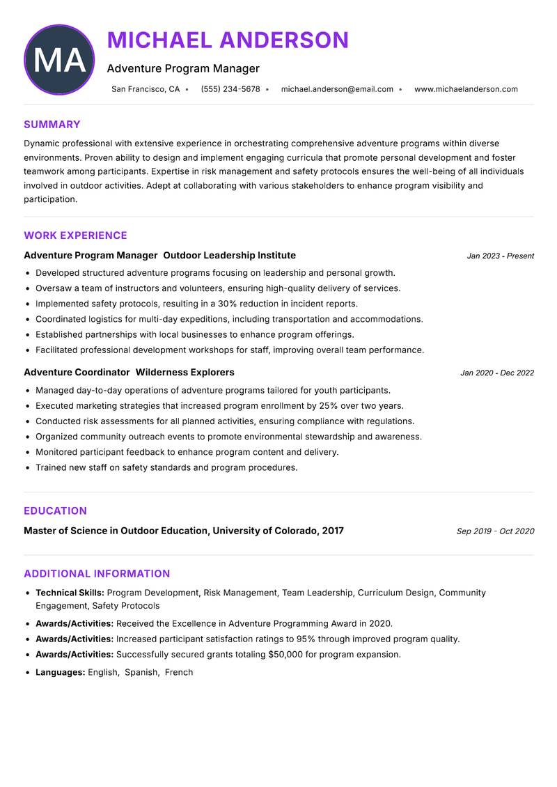 Adventure Program Coordinator resume example