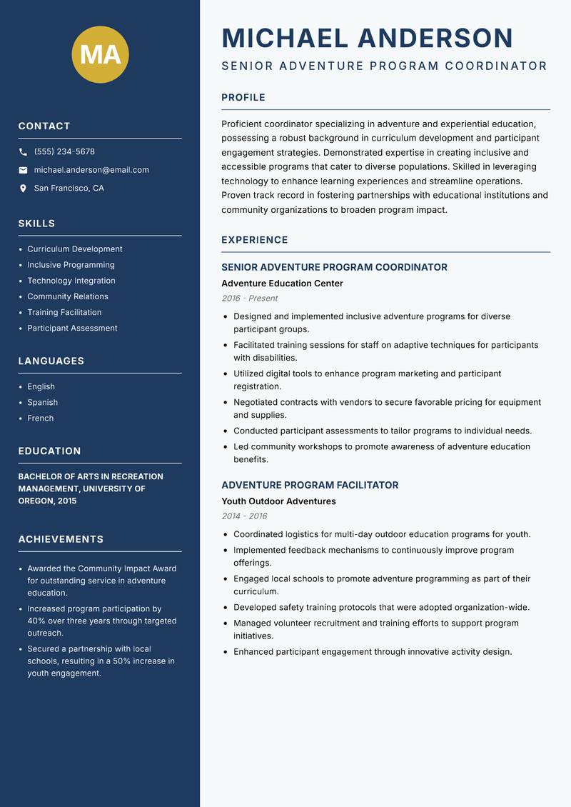 Adventure Program Coordinator resume sample — Senior Adventure Program Coordinator focus