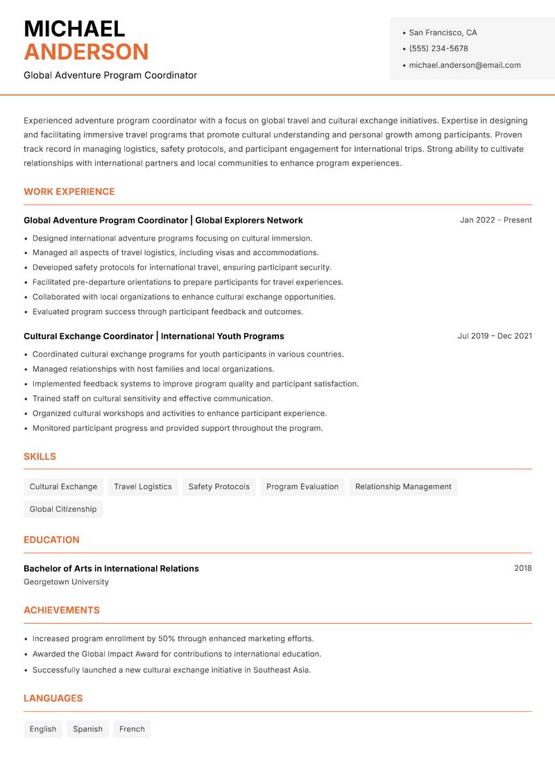 Adventure Program Coordinator resume sample — Global Adventure Program Coordinator focus