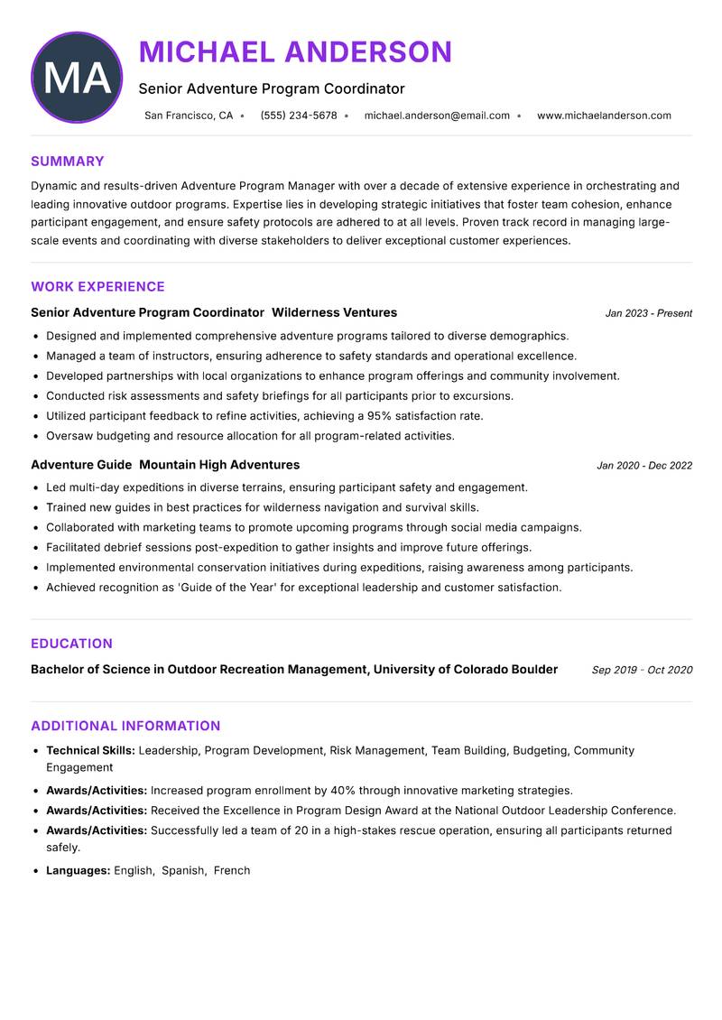 Adventure Program Manager resume example