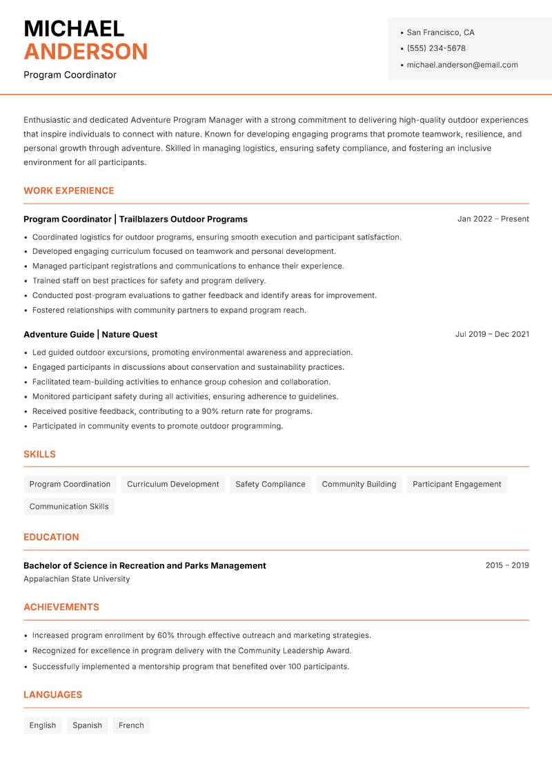 Adventure Program Manager resume sample — Program Coordinator focus