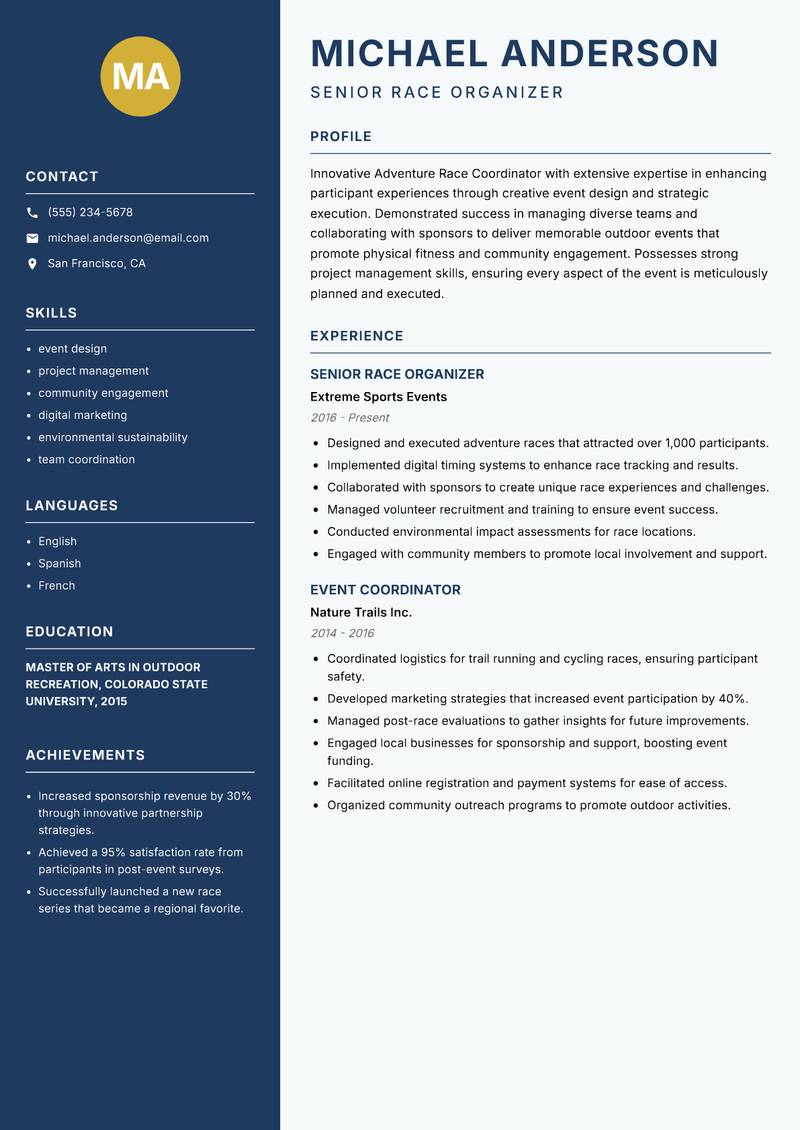 Adventure Race Coordinator resume sample — Senior Race Organizer focus
