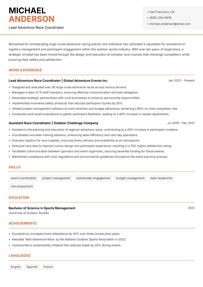 Adventure Race Coordinator resume sample — Lead Adventure Race Coordinator focus
