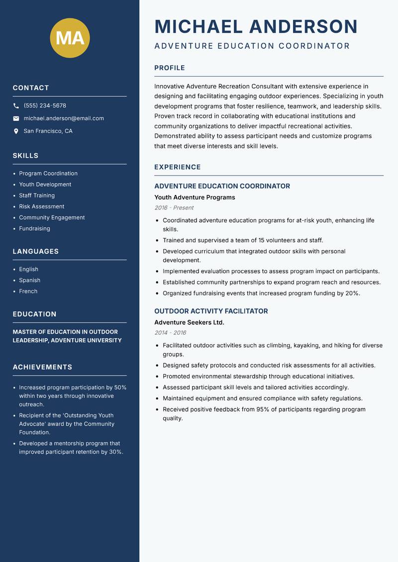 Adventure Recreation Consultant resume sample — Adventure Education Coordinator focus