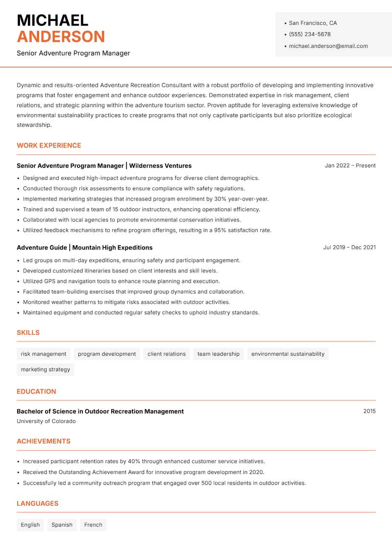 Adventure Recreation Consultant resume sample — Senior Adventure Program Manager focus