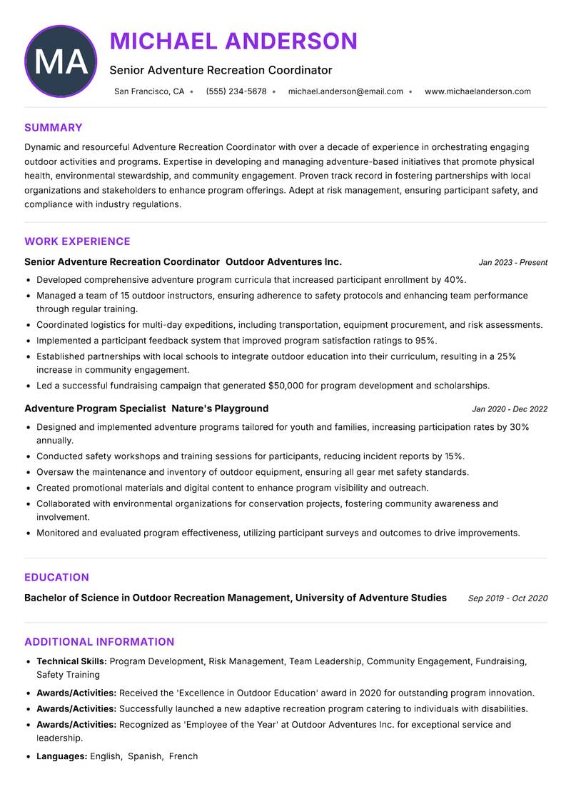 Adventure Recreation Coordinator resume example