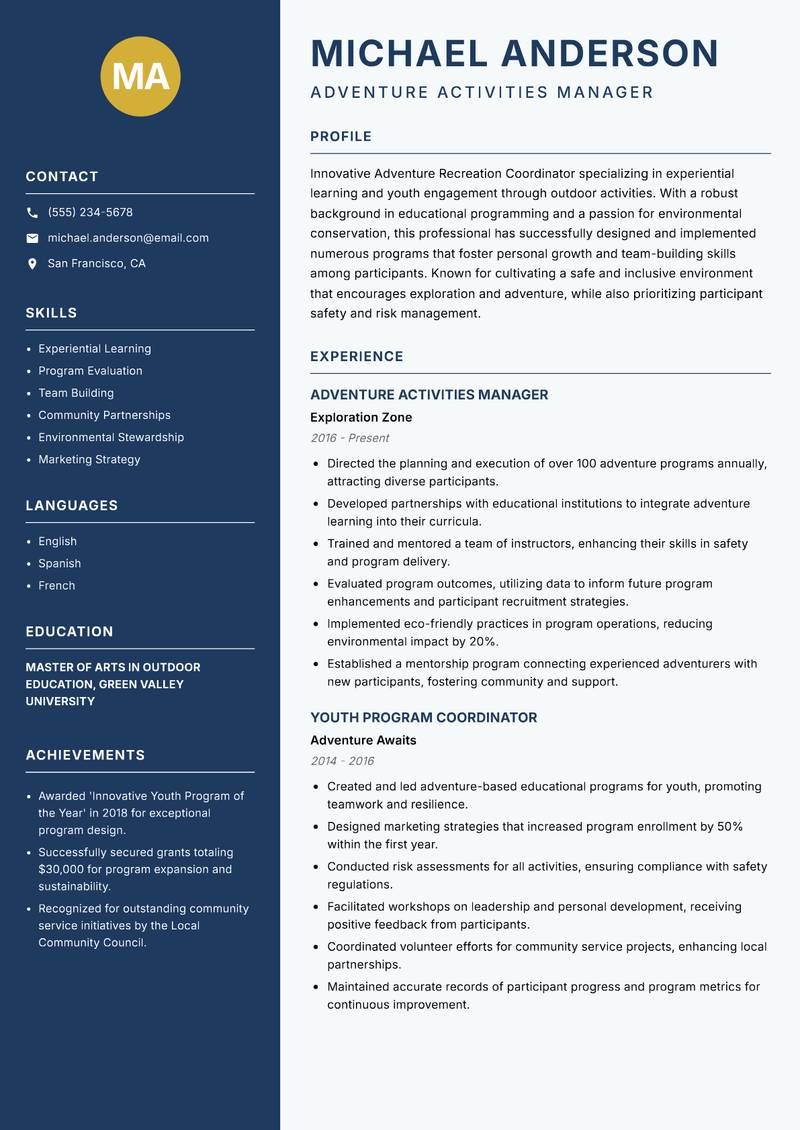 Adventure Recreation Coordinator resume sample — Adventure Activities Manager focus