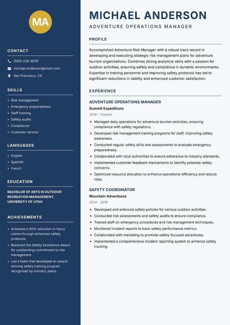 Adventure Risk Manager resume sample — Adventure Operations Manager focus